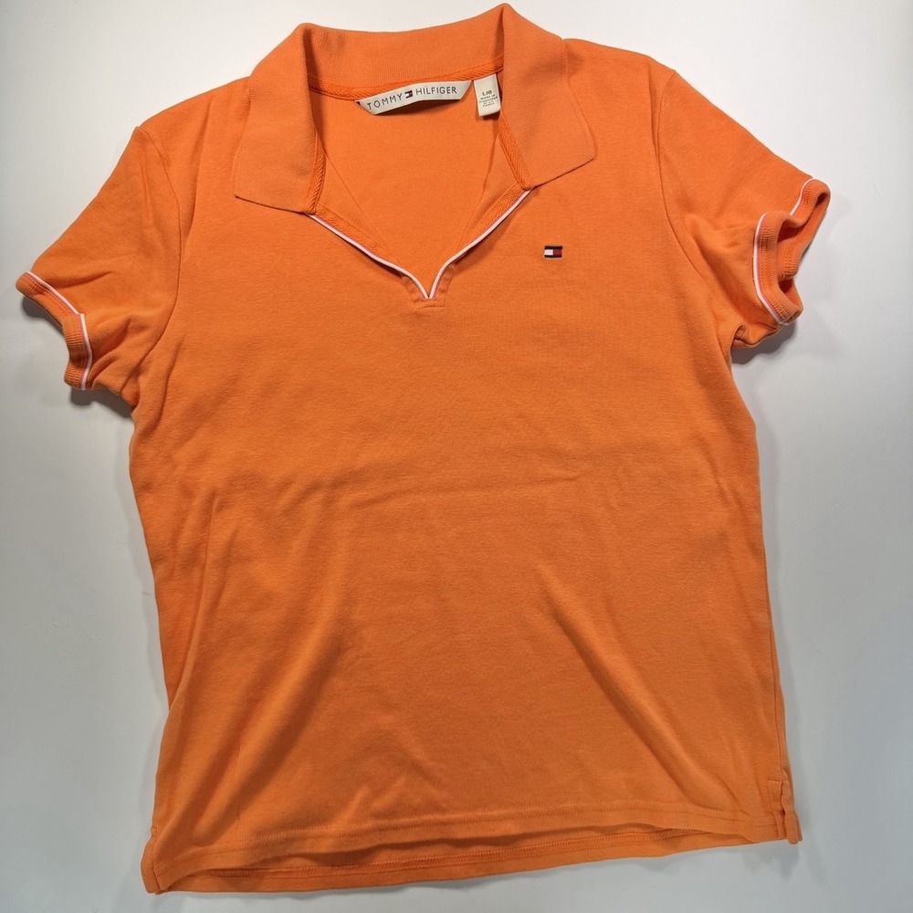Tommy Hilfiger Women's Vintage Fitted Polo Y2K Large Short Sleeve Orange Preppy